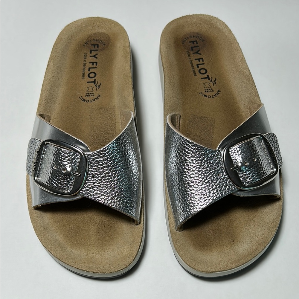 Silver Tan Slide Sandals with Buckle